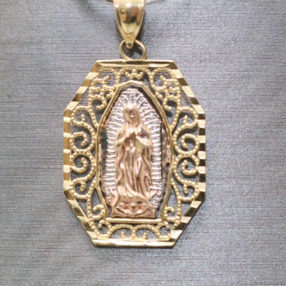 14kt Two-tone Virgin Mary Pendant with 14kt Two-tone Hollow Trace Chain
